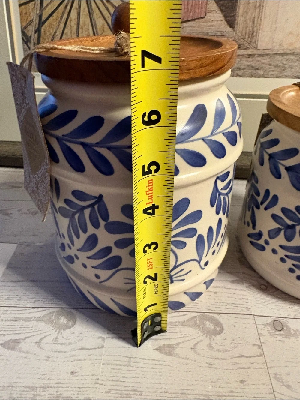 Blue Floral Ceramic Canister set with Wood Lid - White and Blue